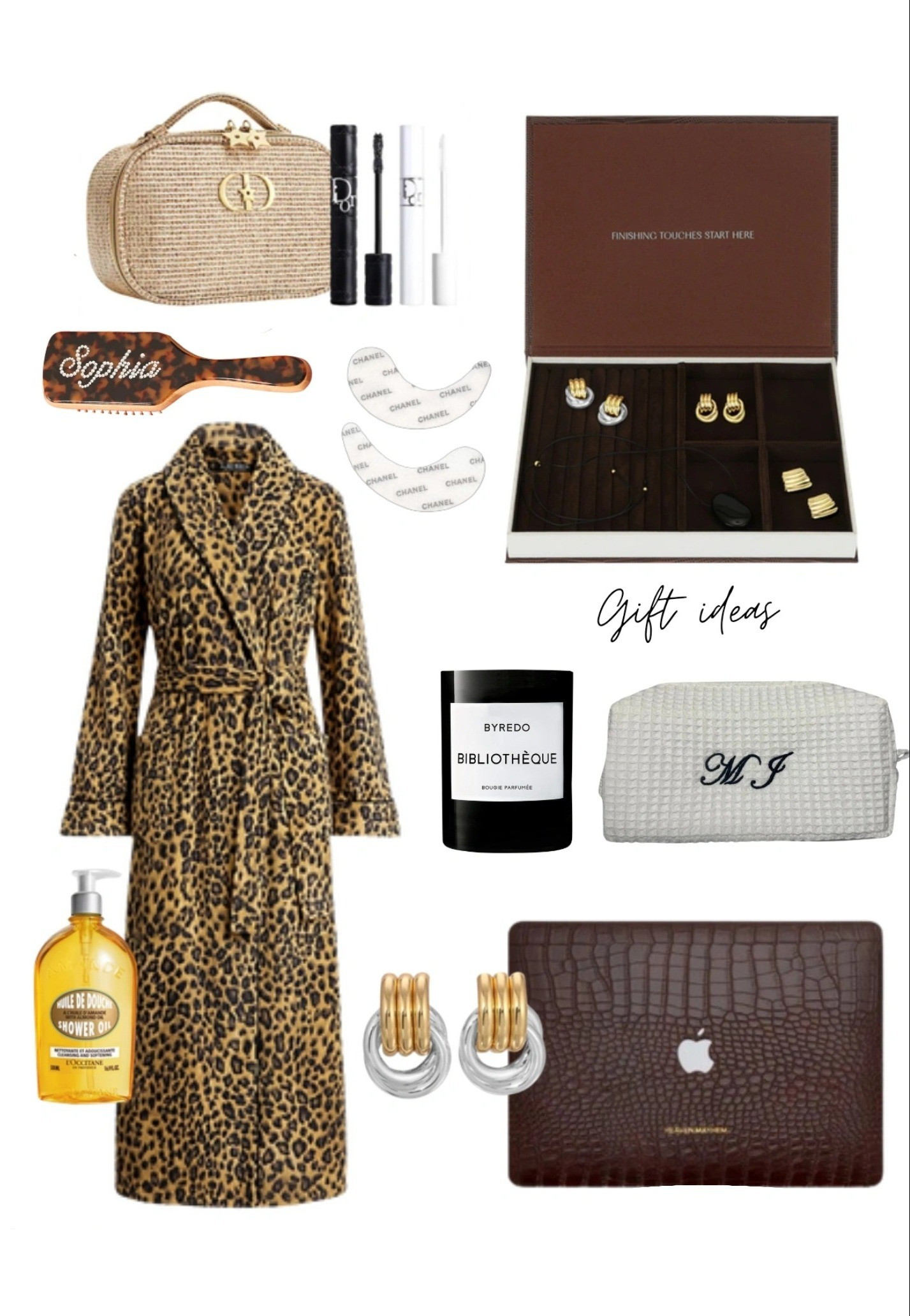 Gift guide for her, gold earrings, jewelry box, Ralph Lauren leopard robe, monogram pouch, brush, byredo candle, Chanel eye patches, luxury.

#LTKGiftGuide #LTKHoliday #LTKBeauty