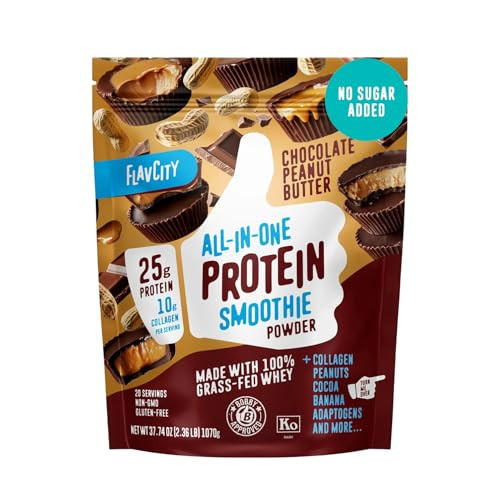 FlavCity Grass Fed Whey Chocolate Protein Powder - Chocolate Peanut Butter - 25g Protein & 10g Collagen - Made with Organic Cocoa & Coconut Milk - Gluten Free & No Added Sugars (20 Servings) | Amazon (US)