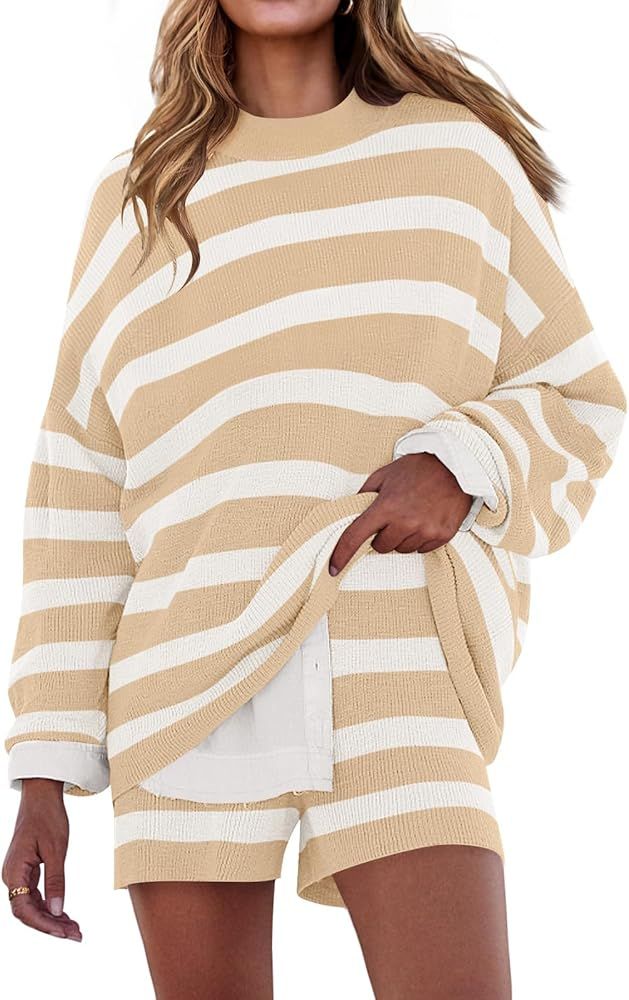 ZESICA Striped Lounge Sets for Women 2 Piece Oversized Outfits Long Sleeve Tops and Shorts Sweate... | Amazon (US)