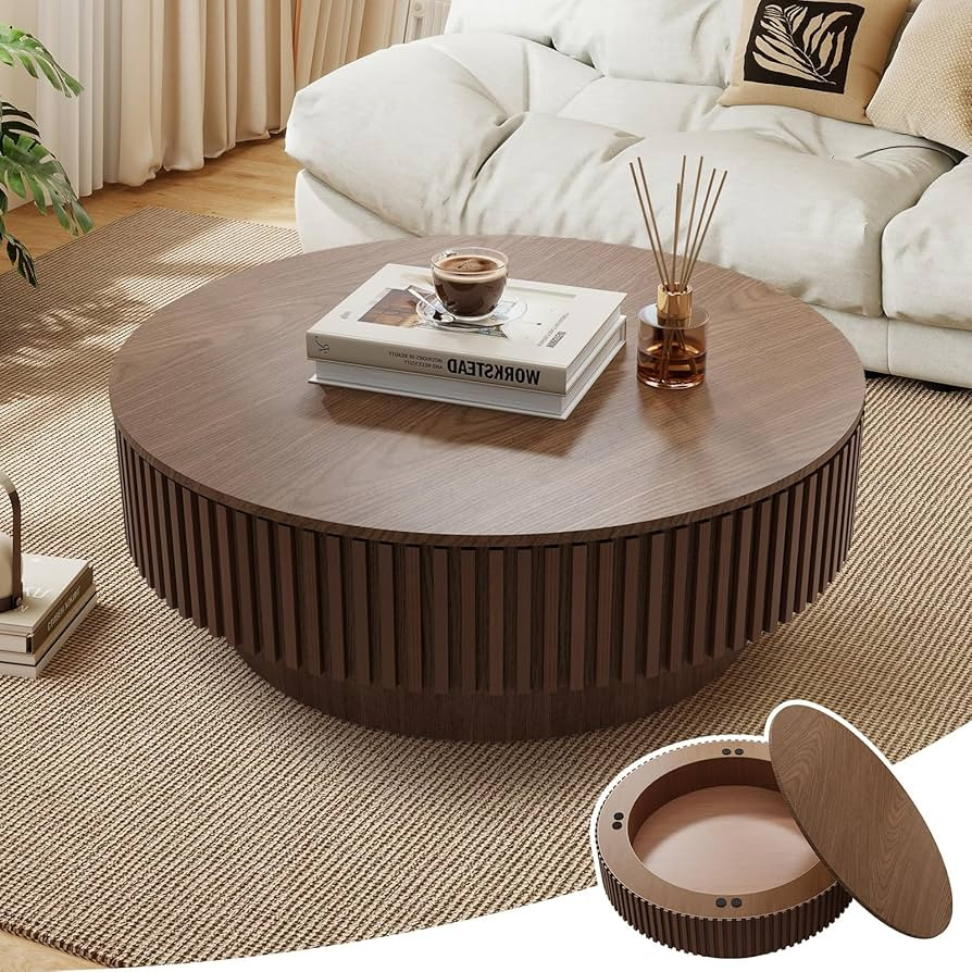39.37'' Round Coffee Table with Storage, Modern Wooden Fluted Circle Coffee Table Unique Drum Cen... | Amazon (US)