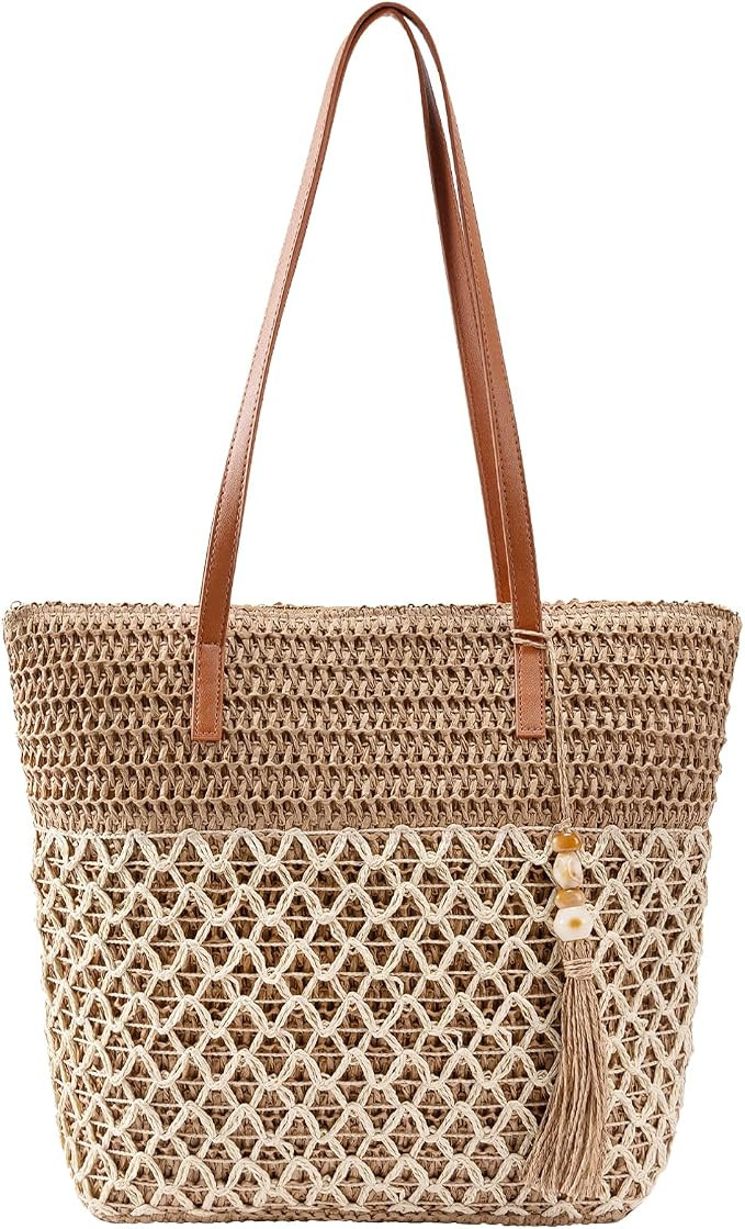 Straw Tote Bag for Women: Handwoven Beach Purse with Cutout Design for Travel & Pool Day | Lightw... | Amazon (US)