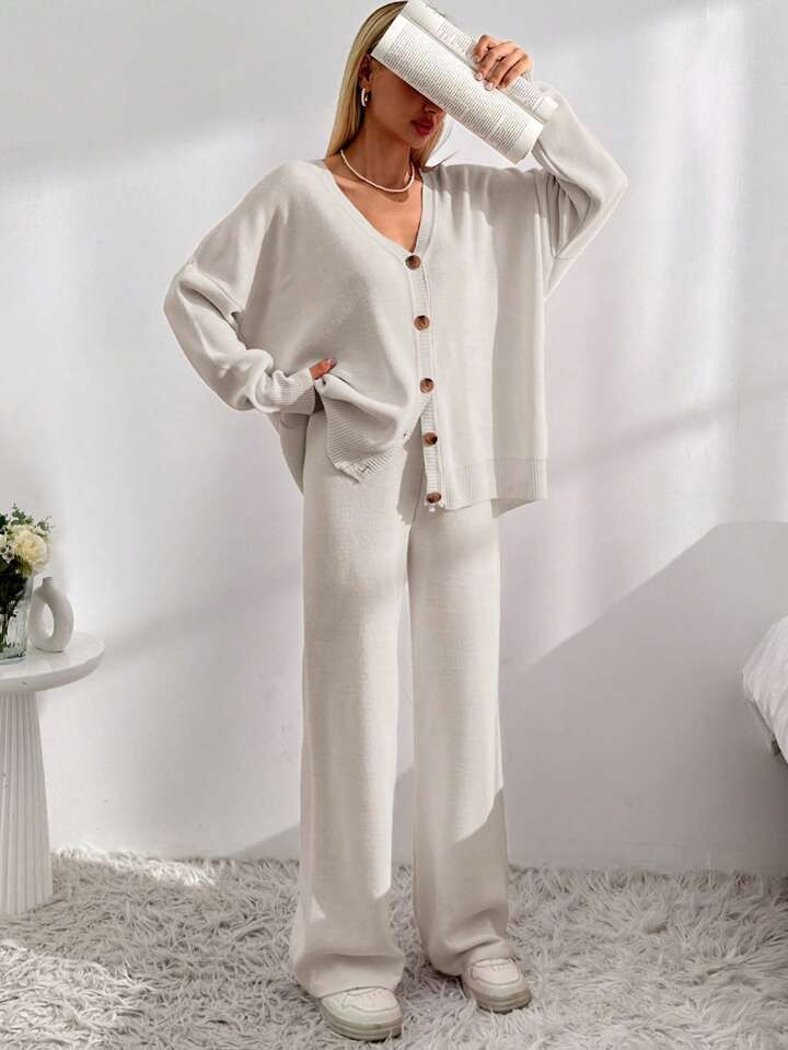  SHEIN Drop Shoulder Cardigan & Tie Front Knit Pants | SHEIN