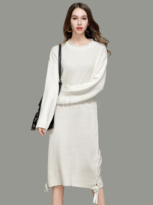 White Knit Dress Women Sweater Dress Round Neck Long Sleeve Lace Up Long Dress | Milanoo