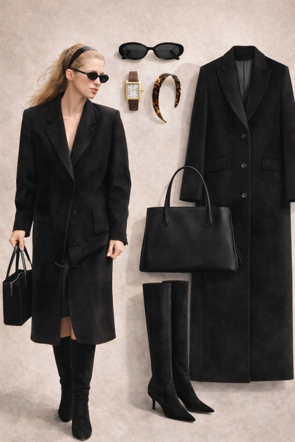 The Carolyn Bessette-Kennedy uniform that never stops working.

A long black tailored coat, sleek knee-high boots, structured leather tote, and minimal tortoise accessories — this is the quiet luxury formula that always looks polished and expensive without trying.

These are the forever pieces that build a wardrobe:
classic black wool coat
pointed toe heeled boots
Italian leather work tote
slim oval sunglasses
tortoiseshell headband
vintage-inspired gold watch

Timeless, repeatable, and effortless — the same elevated minimalism we’re seeing everywhere again this season.

Everything is linked to recreate the look.