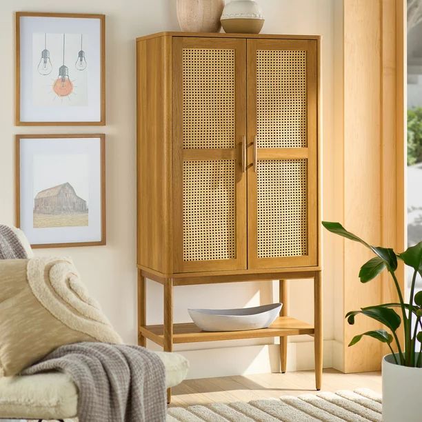 Better Homes & Gardens Springwood Caning Storage Cabinet, Light Honey | Walmart (US)