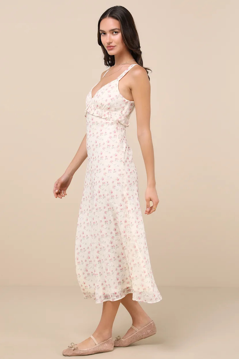 Valonia Cream Floral Ruffled Empire Waist Midi Dress | Lulus