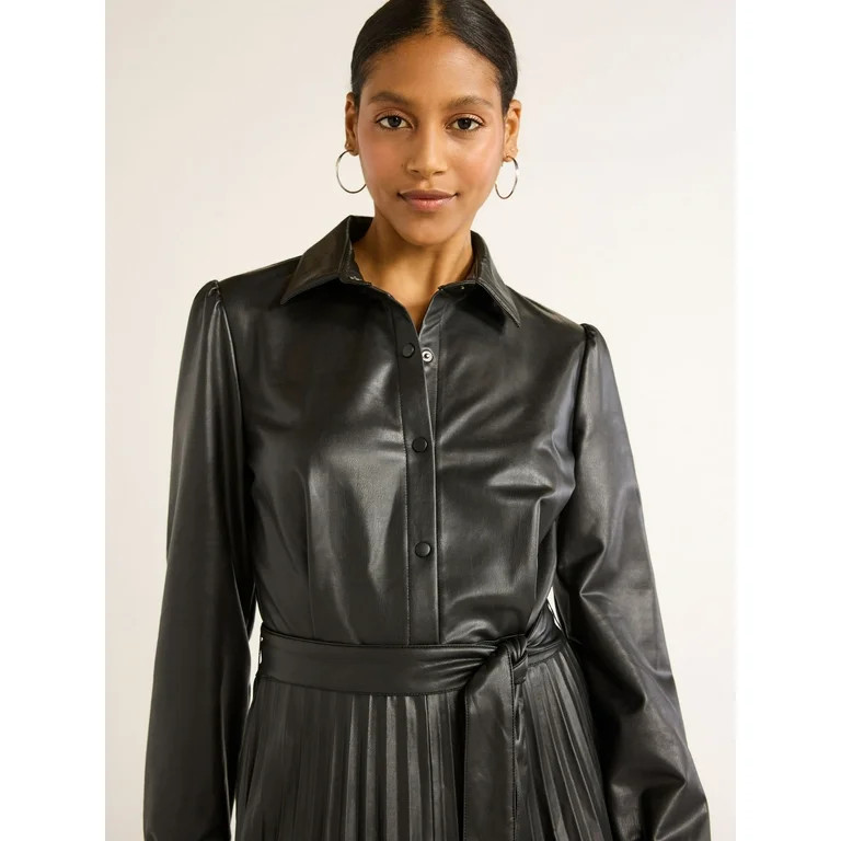Scoop Women's Faux Leather Pleated Shirtdress with Self Tie Belt, Sizes XS-XXL - Walmart.com | Walmart (US)