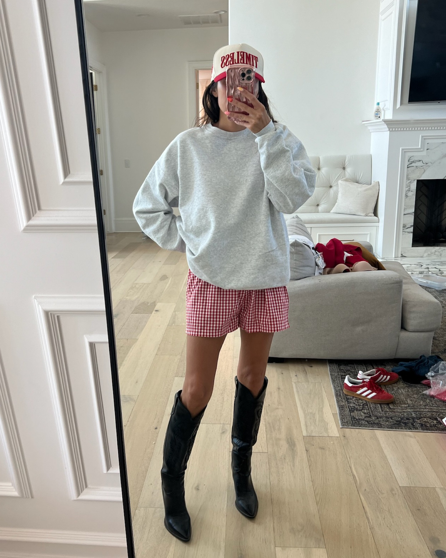 Weekend at the lake outfit 🌊 I’ve had this gray sweatshirt for years and it’s the perfect easy layer & under $15!

Vacation outfit, cabin outfit, comfy outfit, travel outfit, gingham boxers, gray sweatshirt, boxers, western boots, cowgirl boots, amazon find, Walmart finds, Christine Andrew 

#LTKStyleTip #LTKTravel #LTKFindsUnder50