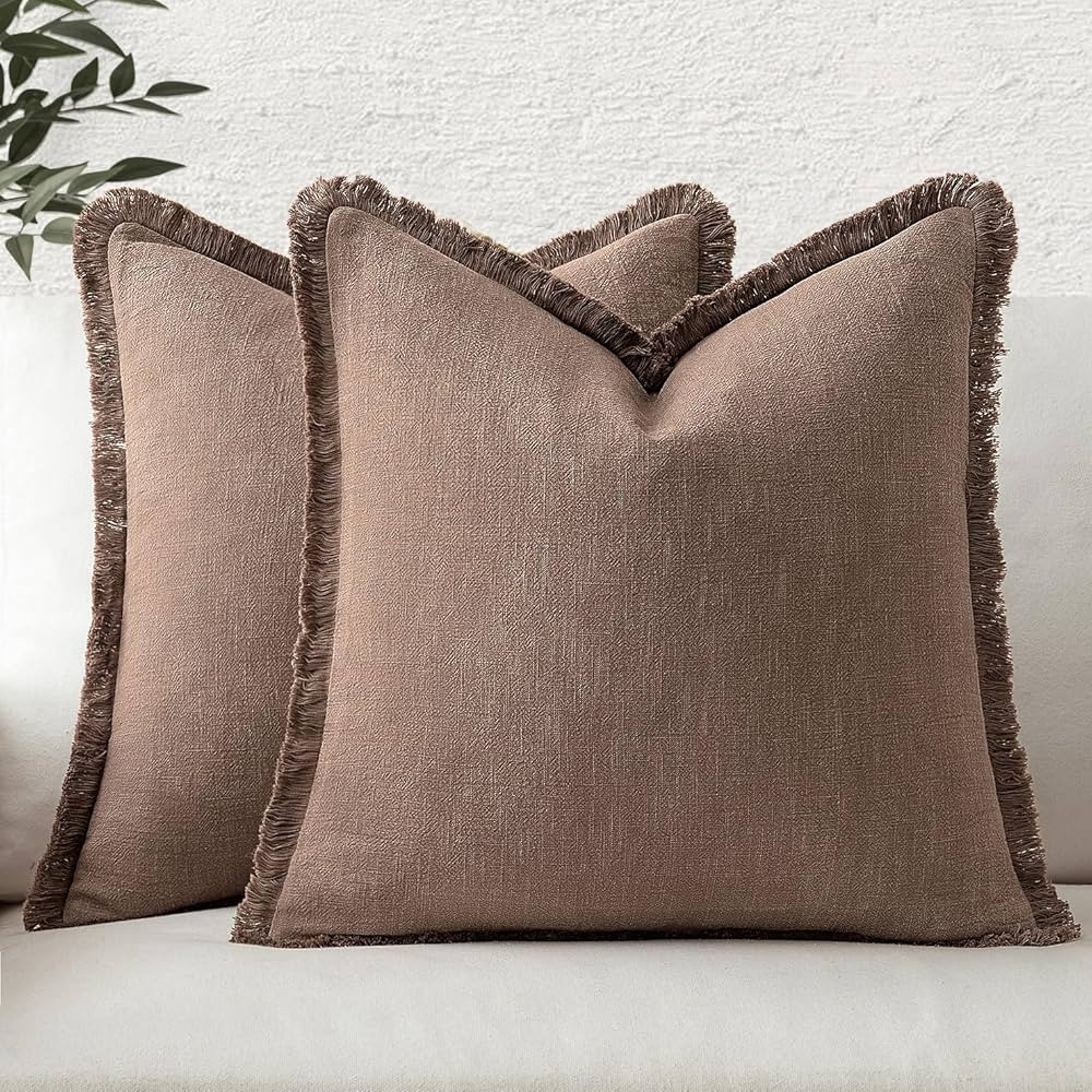 MIULEE Decorative Throw Pillow Covers Neutral Linen Fringe Throw Pillows Set of 2 Dark Coffee Boh... | Amazon (US)