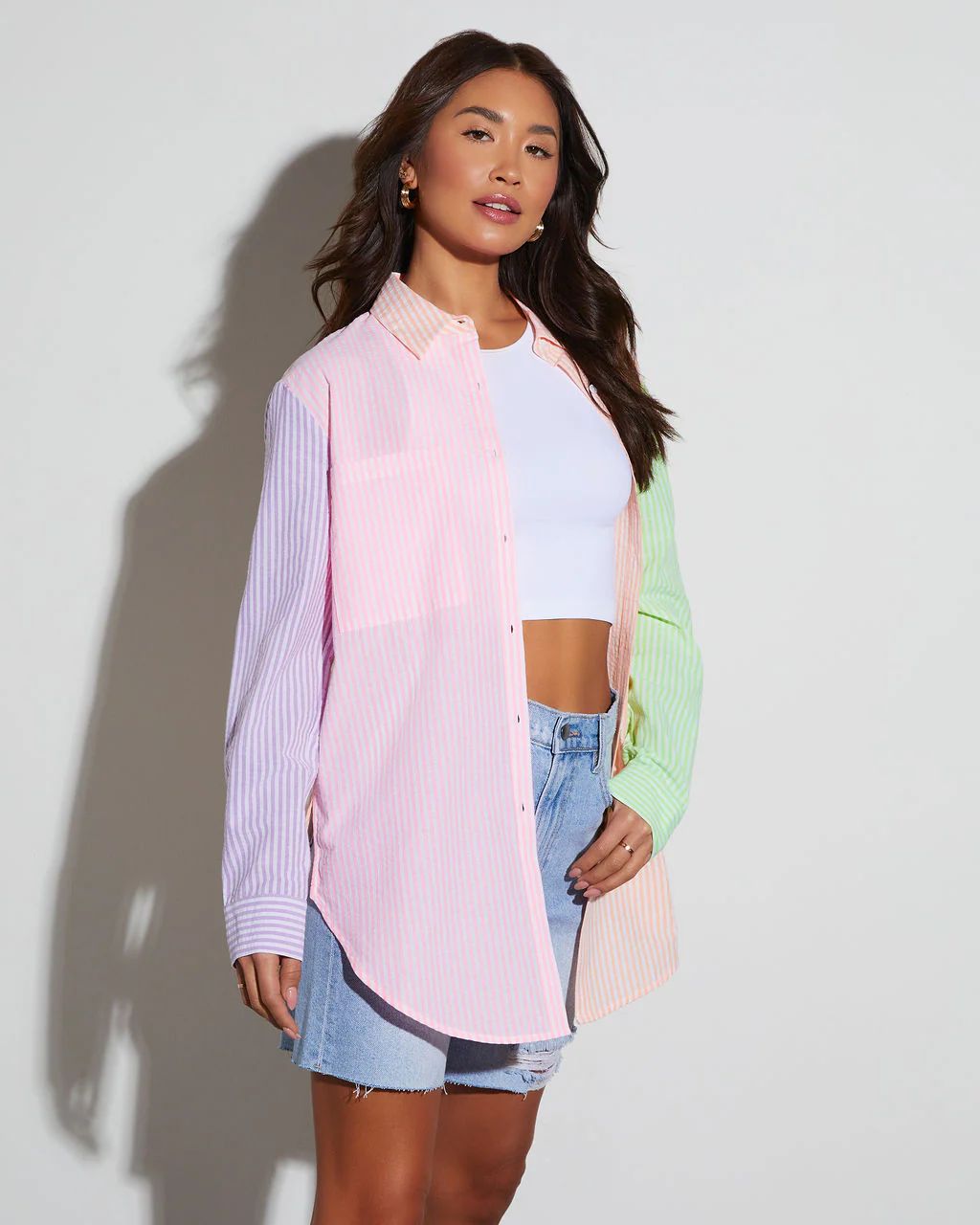Blakelyn Cotton Blend Striped Colorblock Button Down Top | VICI Collection