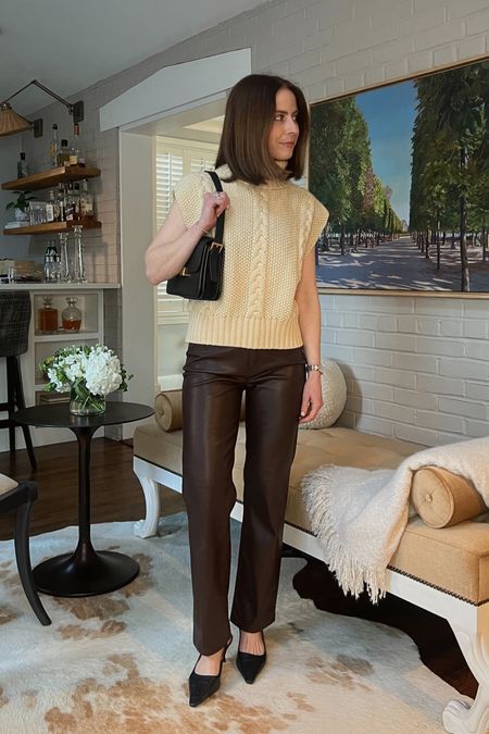 Chunky knit vest Callahan Old
Chocolate faux leather pants Pistola
Black slingback heels Sam Edelman
Pebbled black bag the curated

Minimal chic outfit
Transitional weather outfit
Neutral style 

#LTKshoecrush #LTKstyletip