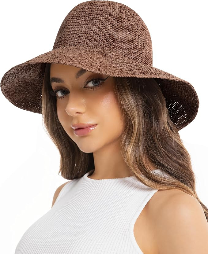 Womens Packable Straw Floppy Beach Hat, Wide Brim Bucket Sun Hat for Summer | Amazon (US)
