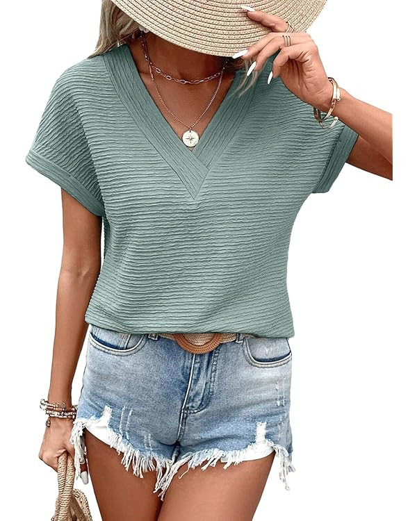 EVALESS Womens Cap Short Sleeve Textured Tops Summer Dressy Casual V Neck Solid Loose Basic T Shi... | Amazon (US)