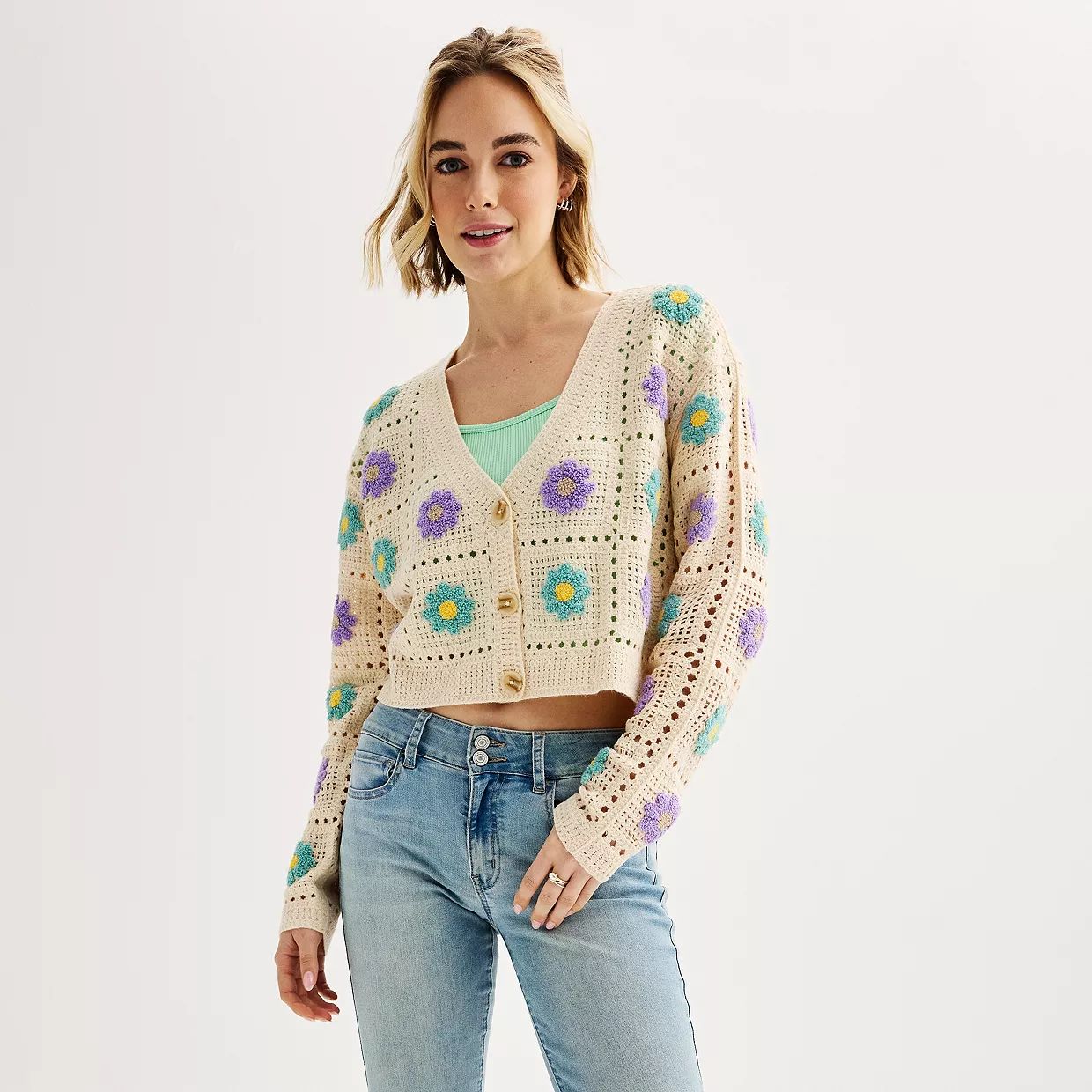 Juniors' SO® Button Front Crochet Cardigan | Kohl's