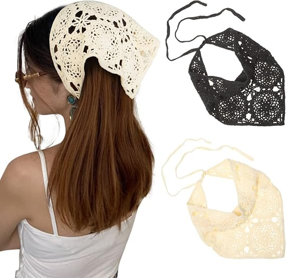 AWAYTR Crochet Bandana Head Kerchief Hair Scarf 2Pcs Knitted Scarves Tie Bcak Floral Headwrap for... | Amazon (US)
