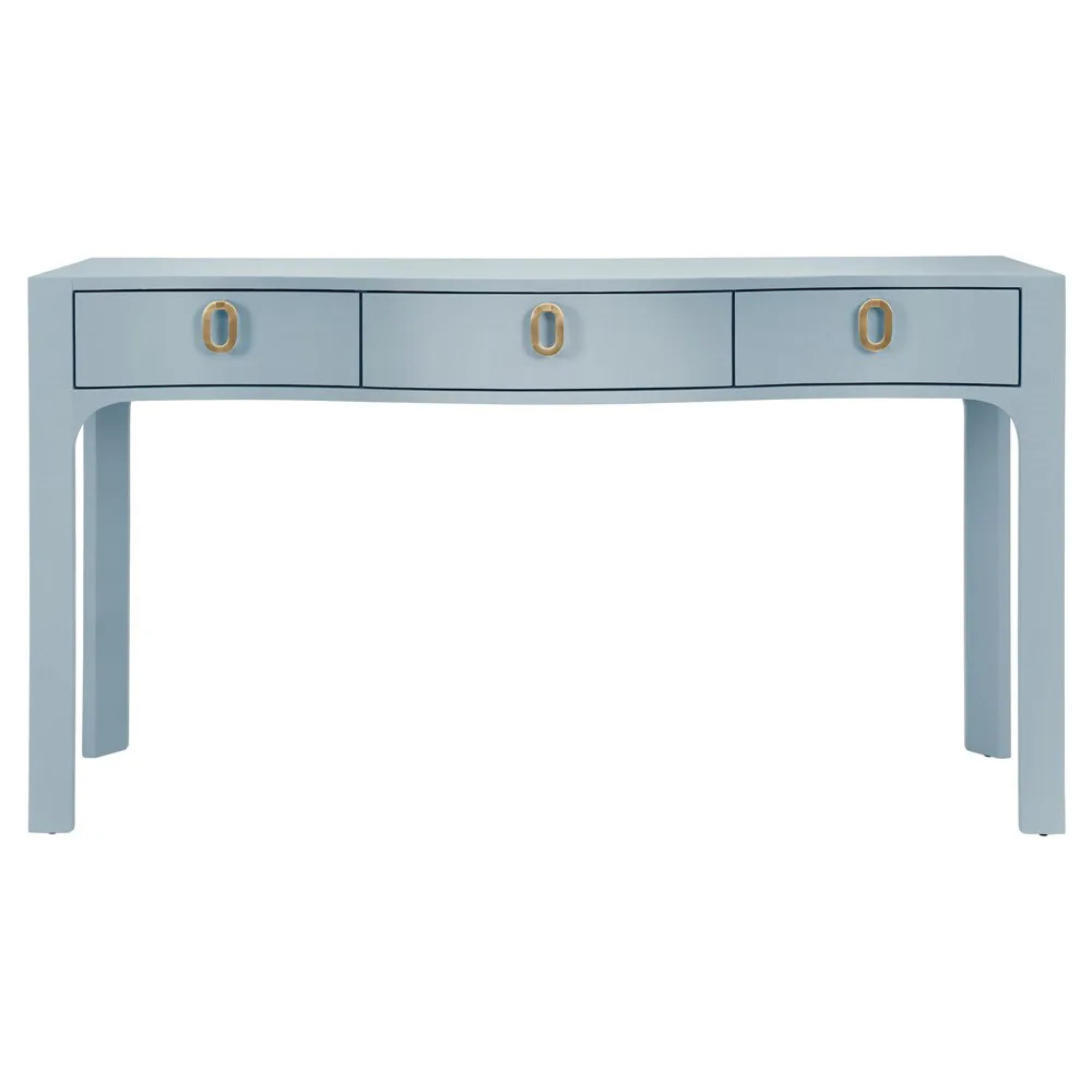Worlds Away Sabrina Modern Classic Light Blue Textured Linen Console Table | Kathy Kuo Home
