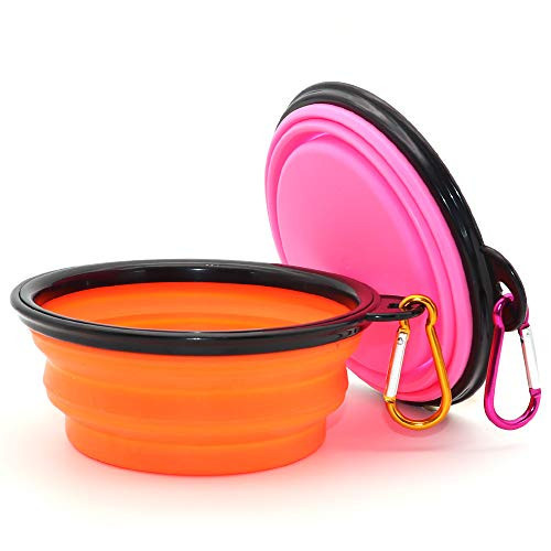 SLSON Collapsible Dog Bowls, 2 Pack, Portable Pet Feeding Watering Dish for Traveling with Carabiners (Small, Orange+Pink) | Amazon (US)