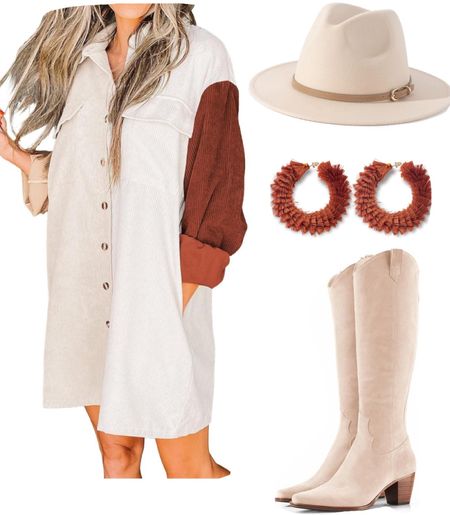 Amazon outfit idea! Corduroy button front dress with knee high boots, earrings and a felt hat!