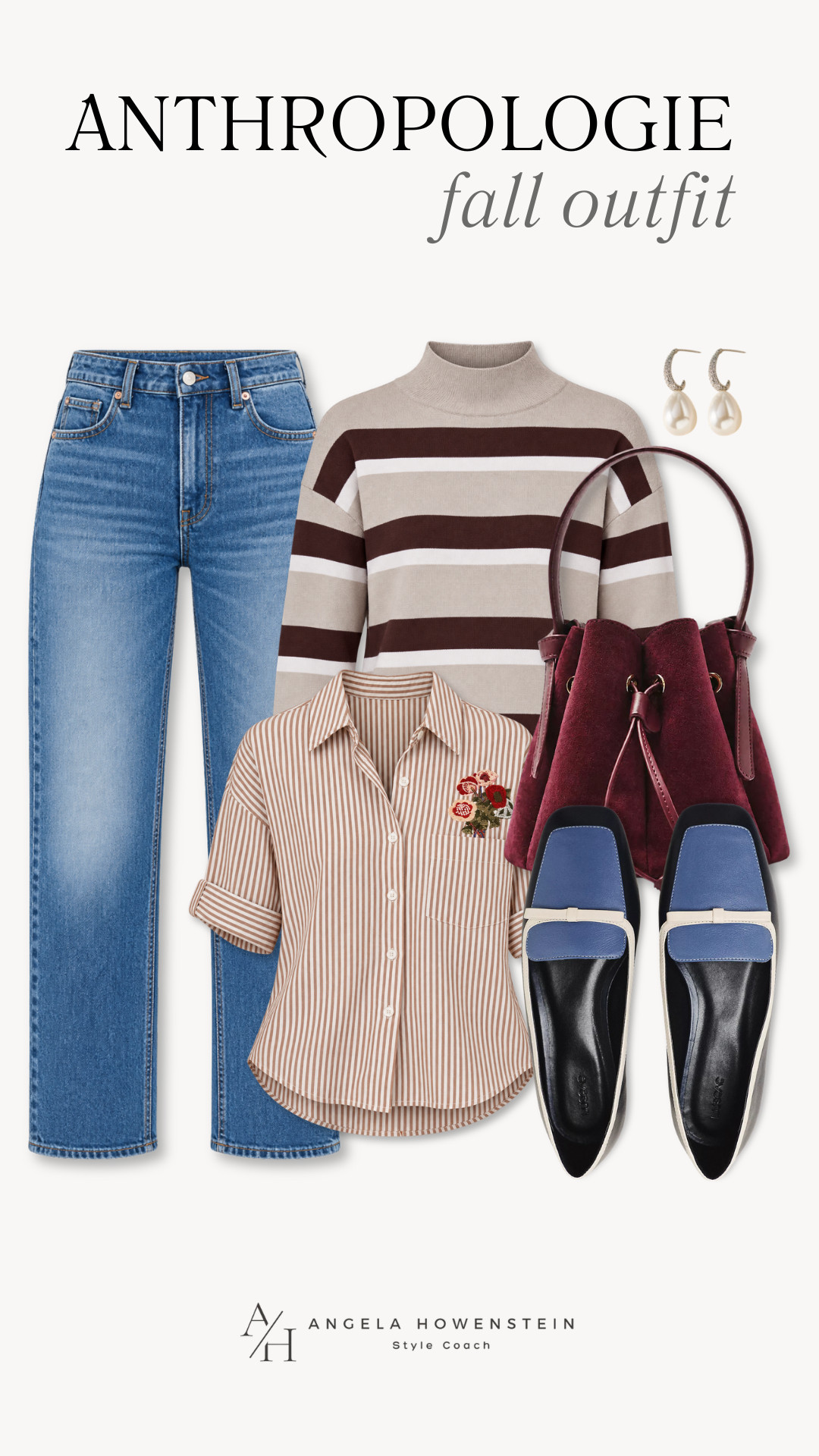 This Anthropologie fall outfit has all the right pieces! Classic jeans, a cozy striped sweater, a pretty striped blouse, and rich burgundy accessories make this feel polished but still easy to wear. I especially love the mix of denim, chocolate brown, cream, burgundy, and blue.

👩‍💻 LTK PRO TIPS
❤️ Heart = Support my posts ;-)
🔖 Save = Get sale & restock alerts for the things you love!
📋 Lists = Keep favorites organized (List ideas: Christmas, Birthdays, and Vacations!)
📲 Share = Send lists and products to a friend (or your daughters like me).
💬 Comment = Ask me anything, and I’ll answer. ;-) 

 #LTKootd #LTKSeasonal #LTKOver40