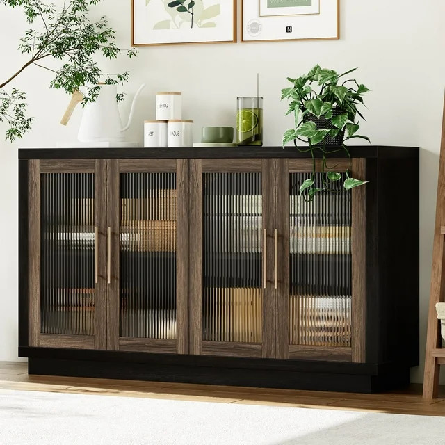 Homfa Modern Sideboard Buffet with Fluted Glass Doors, Accent Cabinet Console Table TV Stand, Bla... | Walmart (US)