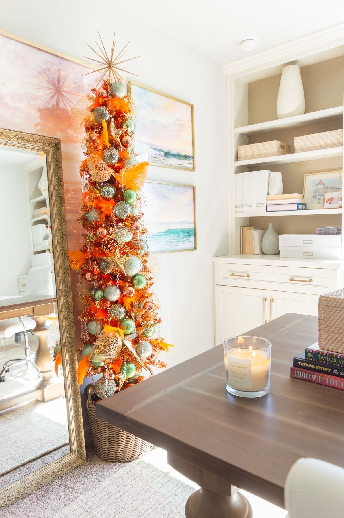 One of the happiest Christmas trees I’ve ever created is this Life of a Showgirl tree, with a pre-lit orange tinsel tree as its base. The slender tree is currently 31% off and would also be great to use as a fall tree or sports-themed tree. I used orange bias and feathers, crystal beads, coral and mint green ornaments and topped her with a gold starburst tree topper! It’s the perfect office Christmas tree for me to enjoy this season. home decor office decor Christmas decor Taylor Swift Christmas tree Wayfair find

#LTKSaleAlert #LTKHome #LTKHoliday