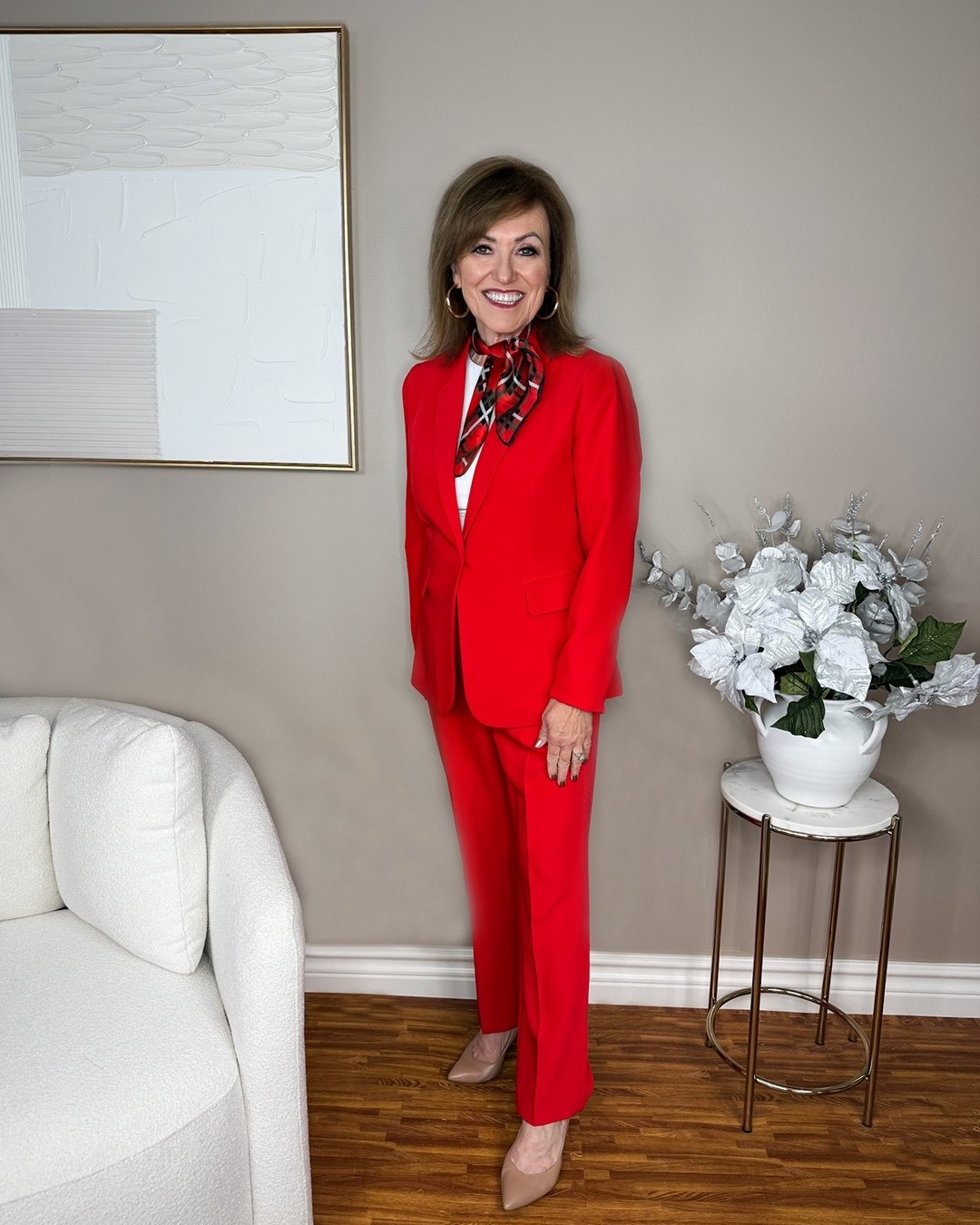 Office Party Look 1️⃣

Want to look festive, yet still polished? A red pantsuit with a festive scarf  scarf will do the trick. 

You can always swap the scarf for plaid pumps or a plaid handbag! 

#LTKHoliday #LTKOver40 #LTKSeasonal