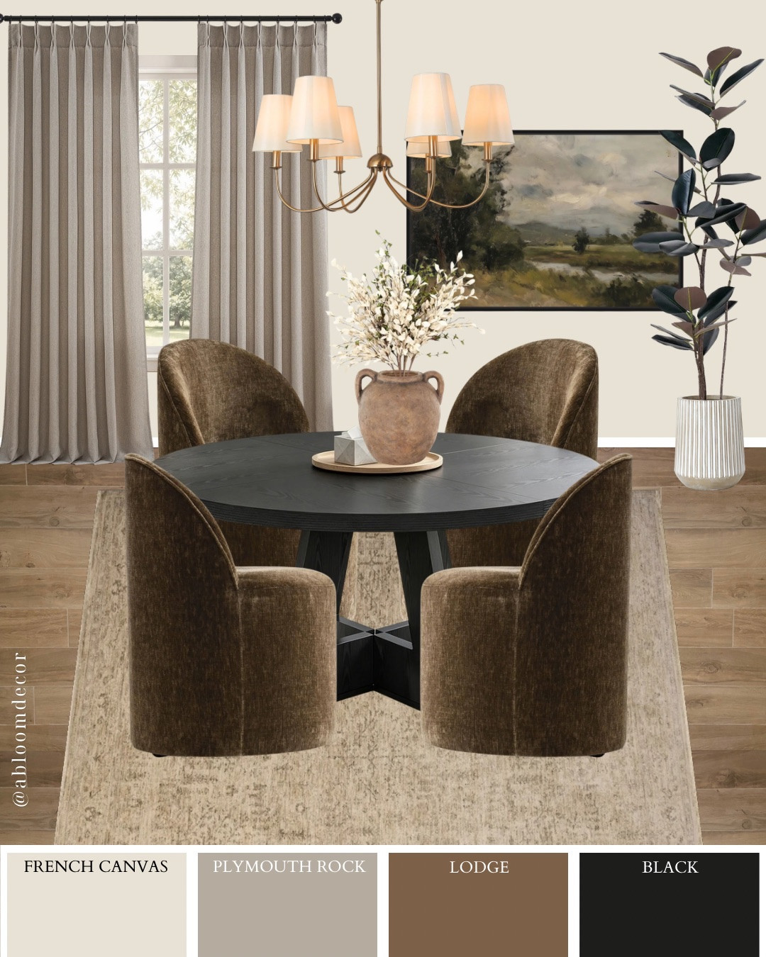 This dining room is giving moody-meets-earthy elegance with a round black table, brown curved chairs, and warm brass lighting that makes the whole space feel so cozy.

#LTKHome