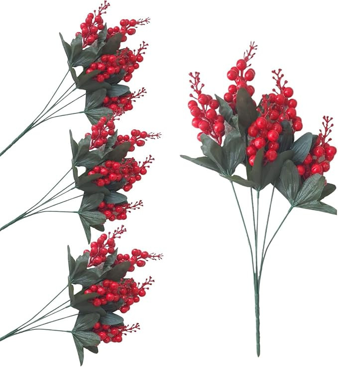 Kit 4 Buquê Cereja Berry Artificial, Galho Azevinho natalino, Decoração de Natal, Folhagem nat... | Amazon (BR)