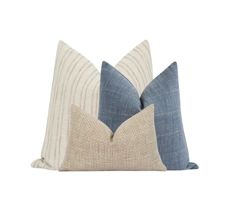 Denim Stripe Woven Pillow Cover, Denim Blue White Stripe Pillow Cover, 18 20 22 Designer Pillow C... | Etsy (US)