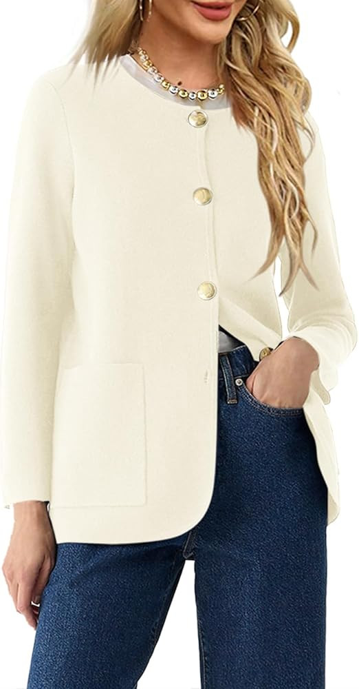 Langwyqu Womens Crew Neck Button Down Cardigan Sweaters Blazer Casual Long Sleeve Knit Solid Swea... | Amazon (US)