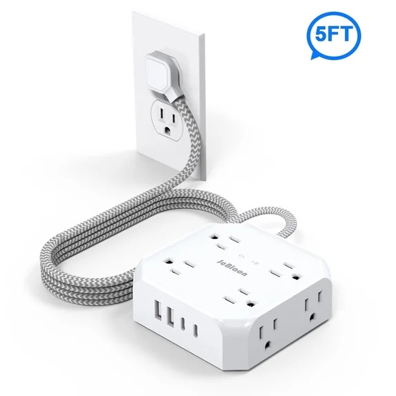 5 Ft Flat Extension Cord, Ultra-Thin Flat Plug Surge Protector Power Strip, 3-Sided Outlet Extend... | Walmart (US)