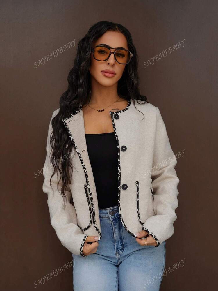 SAYEHFBABY Women's Casual Solid Color Blended Wool Short Tweed Jacket Fashion Street Leopard Prin... | SHEIN