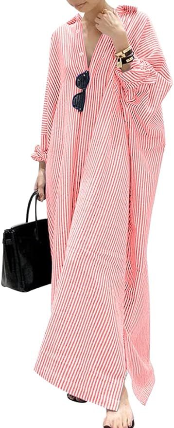 chouyatou Women's Casual Long Sleeve Button Down Loose Striped Cotton Maxi Shirt Dress | Amazon (US)