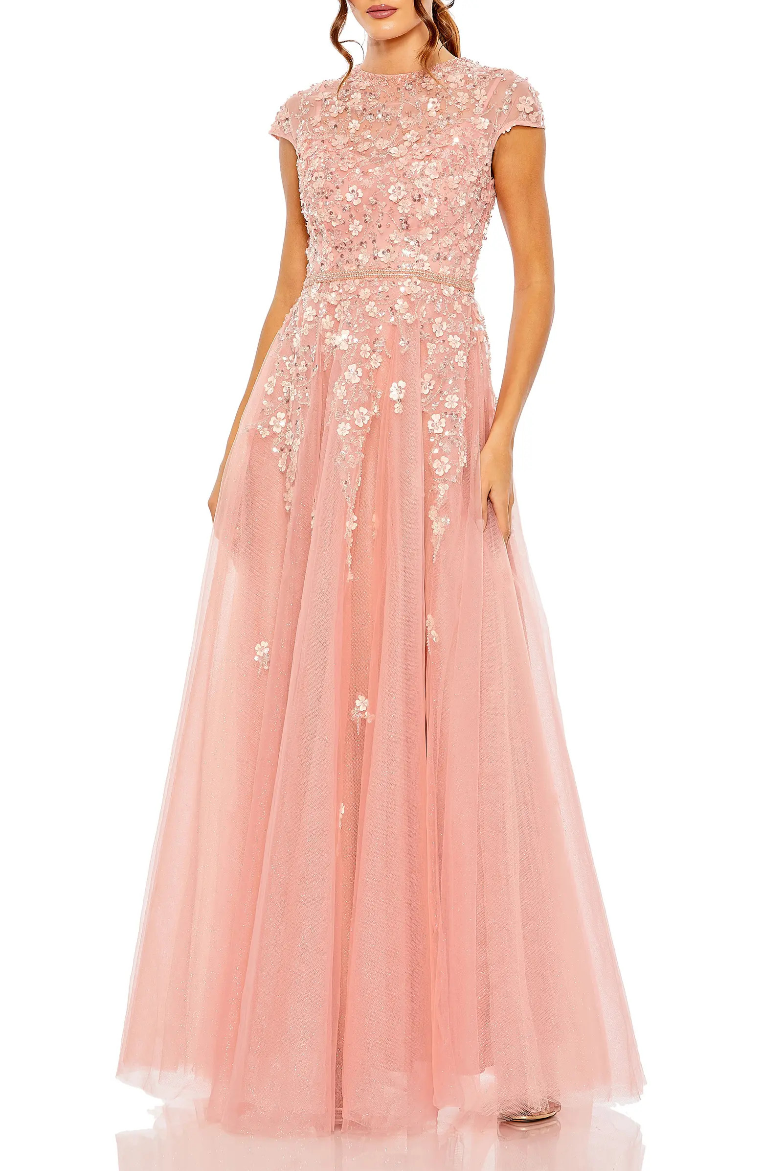 Floral Embellished High Neck Cap Sleeve A Line Gown | Nordstrom