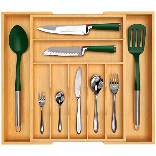 Luxury Bamboo Kitchen Drawer Organizer - Silverware Organizer - Utensil Holder and Cutlery Tray with | Amazon (US)