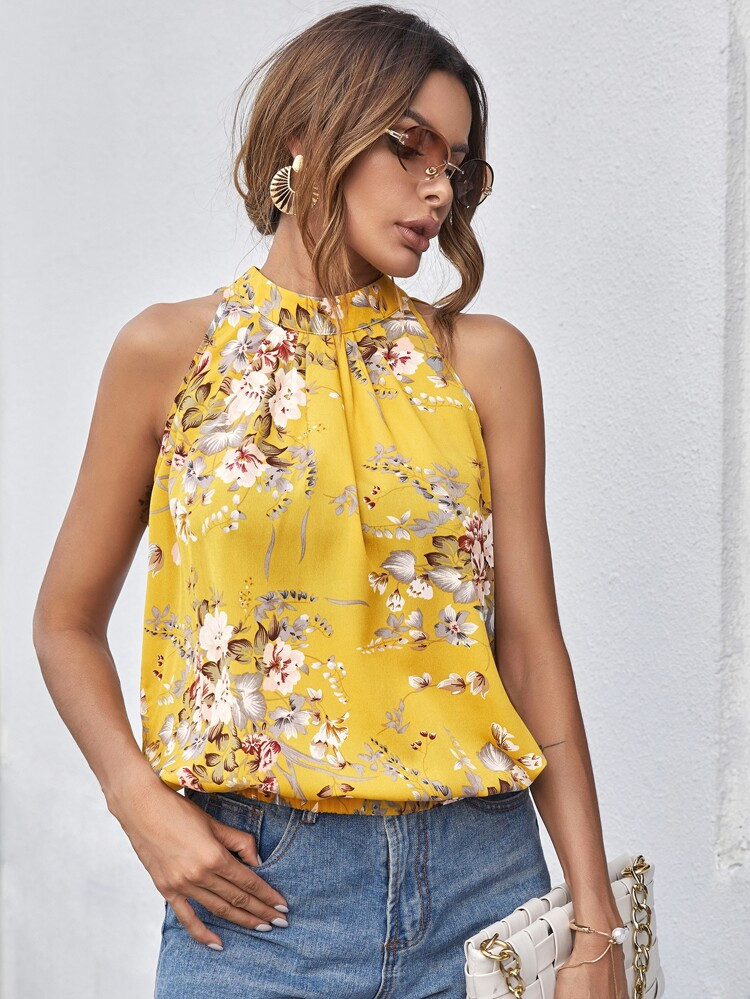 SHEIN Mock-Neck Gathered Front Floral Top | SHEIN