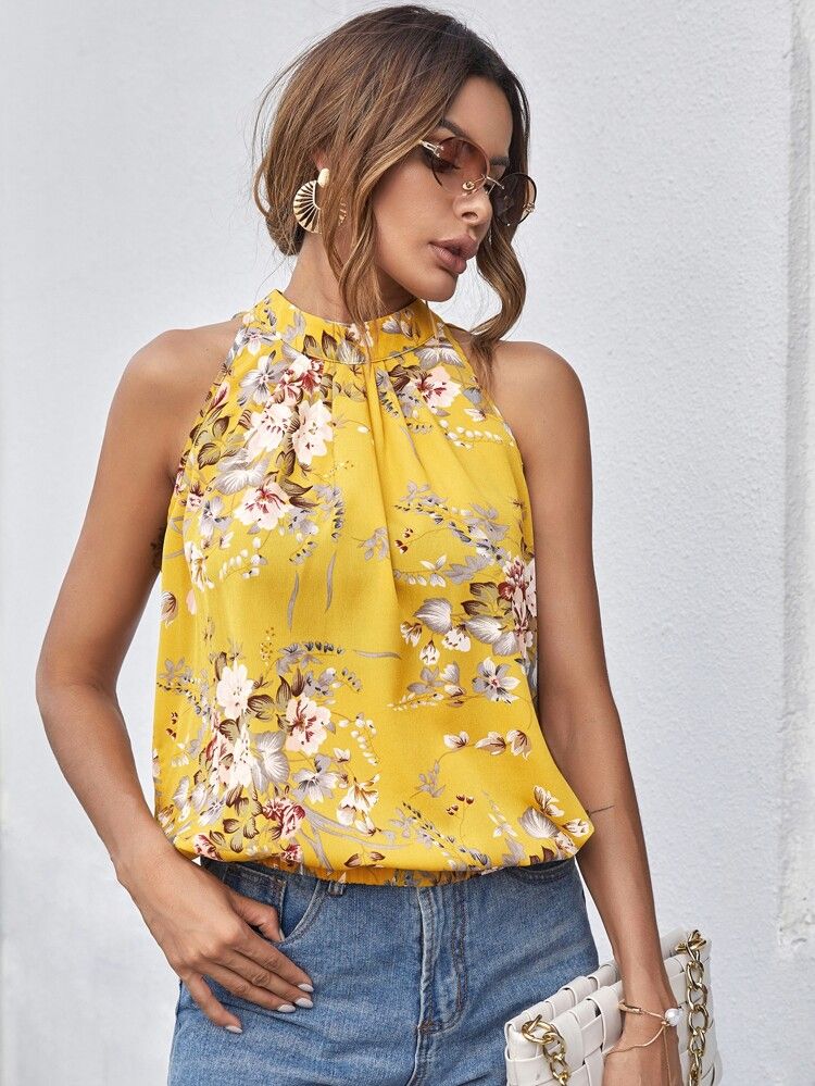SHEIN Mock-Neck Gathered Front Floral Top | SHEIN