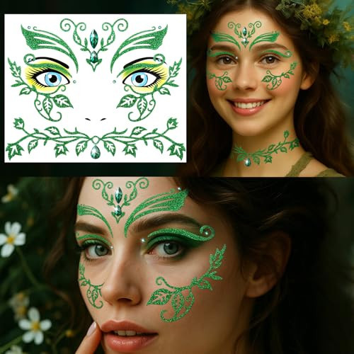 Face Gems Stickers Women for Ivy Costume - Glitter Green Face Jewels Stickers Tattoos for Halloween Vampire Fairy Makeup - Eye Gems Stick on Temporary Accessories （1 Piece） | Amazon (US)