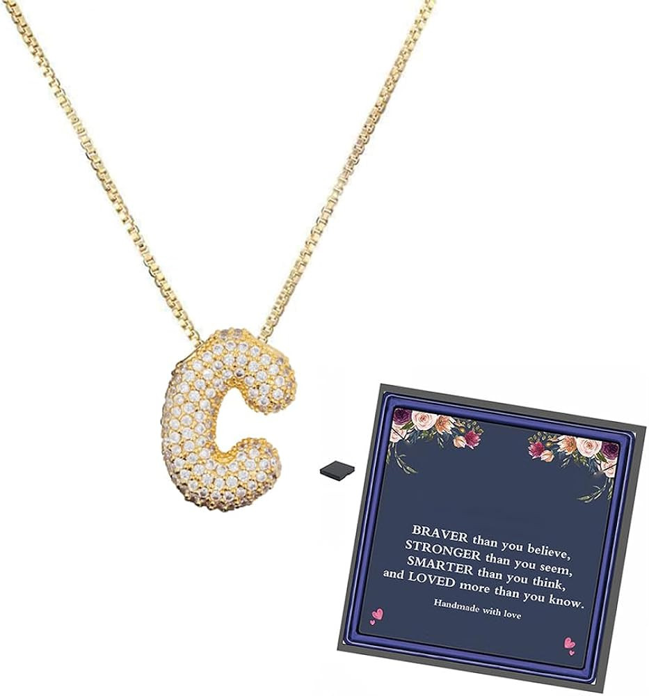 DIOWUS Bubble Letter Necklace Gold for Women，Charm Balloon Initial Letter Pendant Zirconia Inla... | Amazon (US)