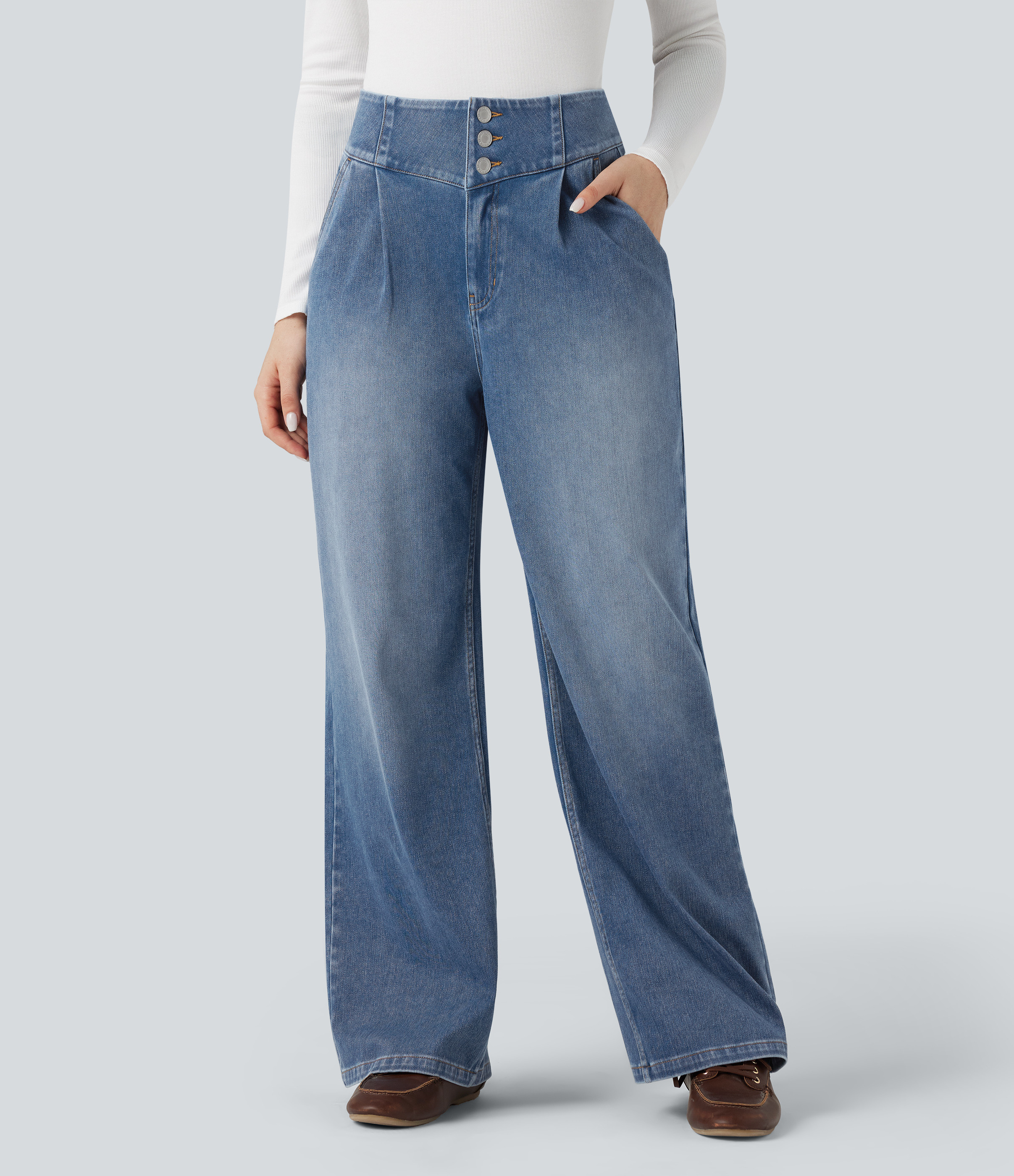Halara Halara Flex™ High Waisted Wide Leg Casual Jeans with Pockets - Vallarta Blue Denim - L(regular) | HALARA