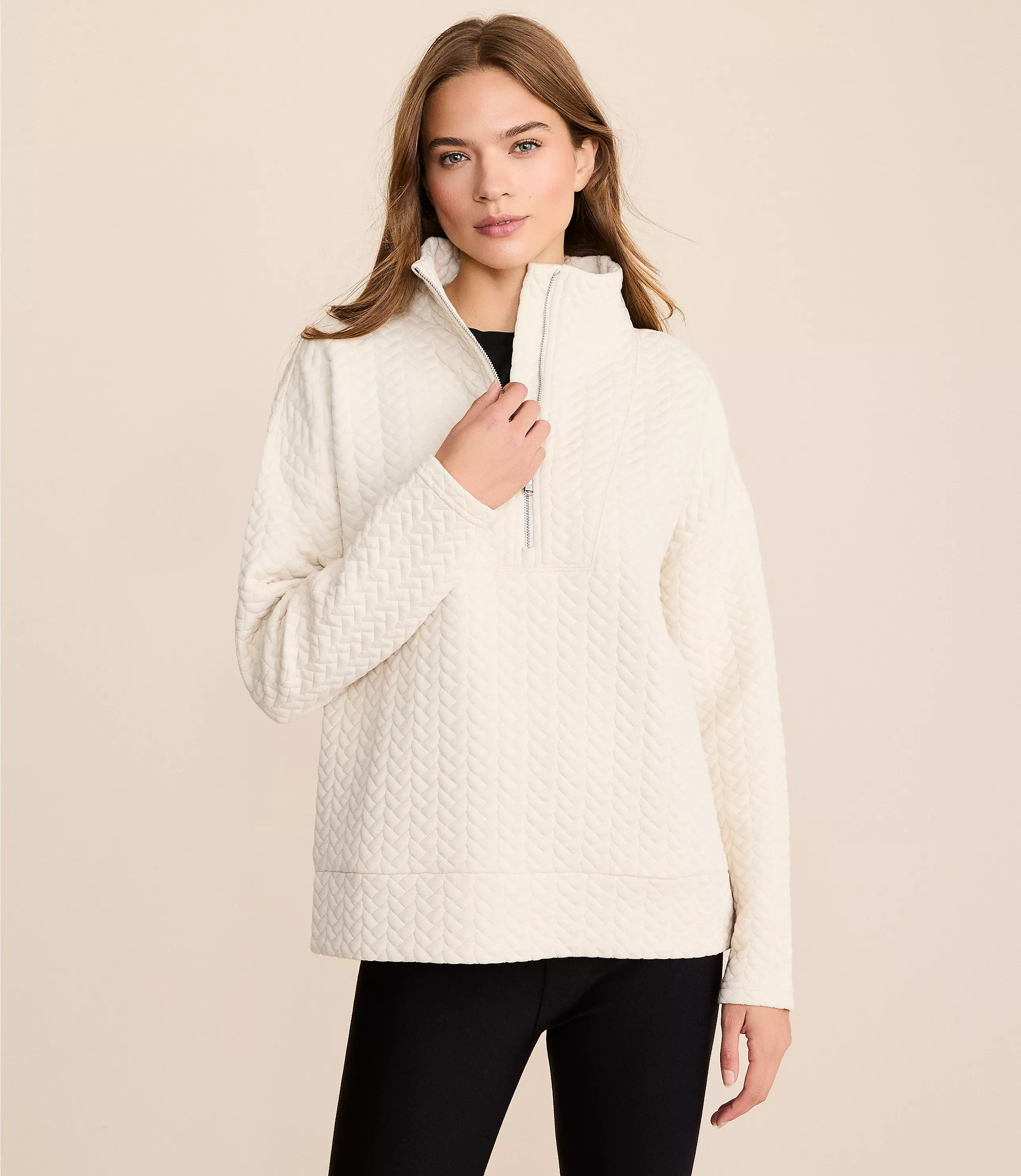 Lou & Grey Quilted Cable Jacquard Half Zip Top | LOFT