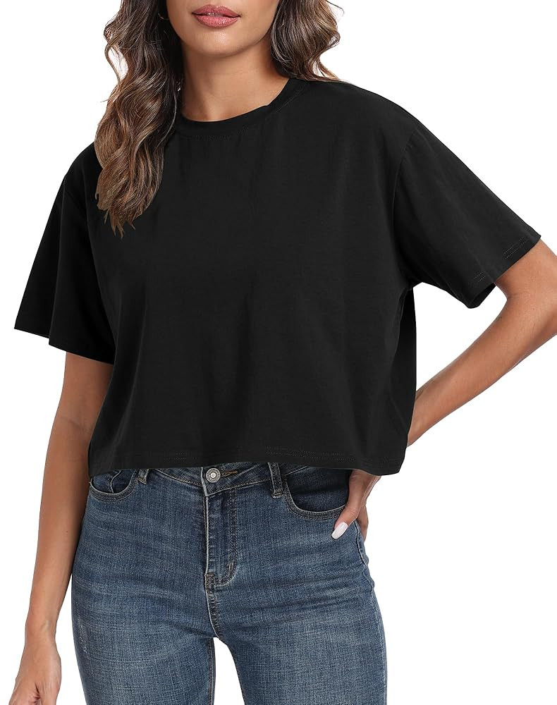 PRIMODA Women's Oversized Workout Cropped T Shirts Crew Neck Short Sleeve Casual Loose Summer Cro... | Amazon (US)