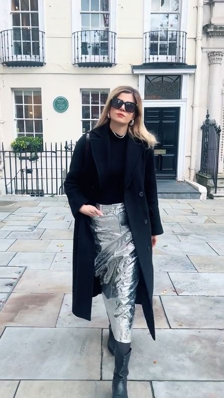Silver skirt, maxi black coat, warm chic outfit, shoulder bag, snake print, metallic skirt #LTKgift

#LTKover40 #LTKVideo
