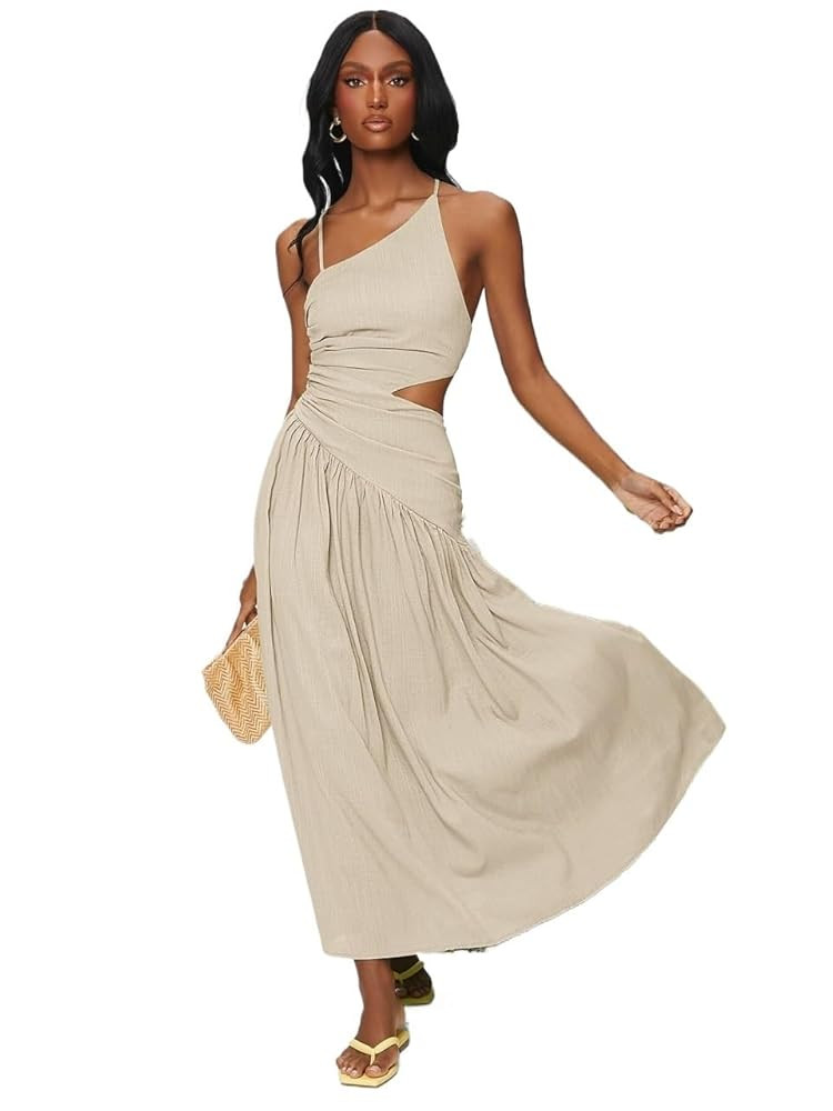 Dresses for Women Sleeveless 2024 Criss Cross Lace Up Backless Cutout Ruched Ruffle Hem Dress Tre... | Amazon (US)