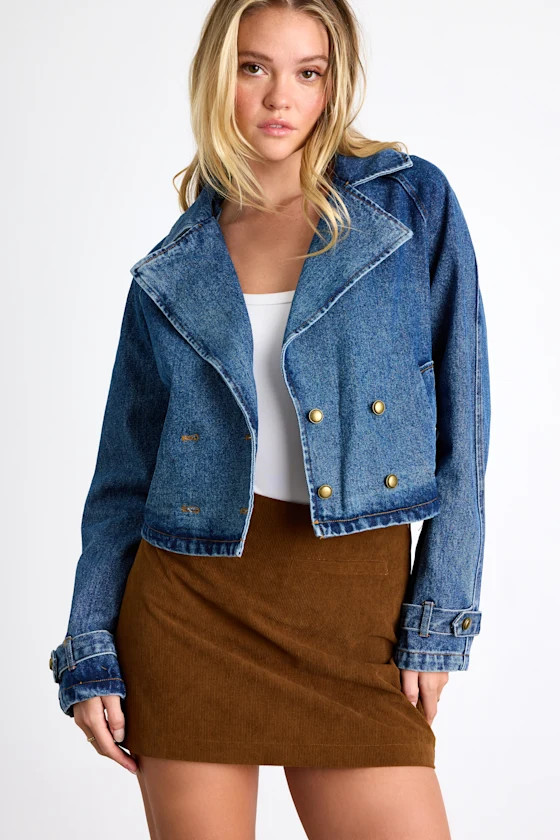 Abria Medium Wash Denim Double-Breasted Cropped Jacket | Lulus