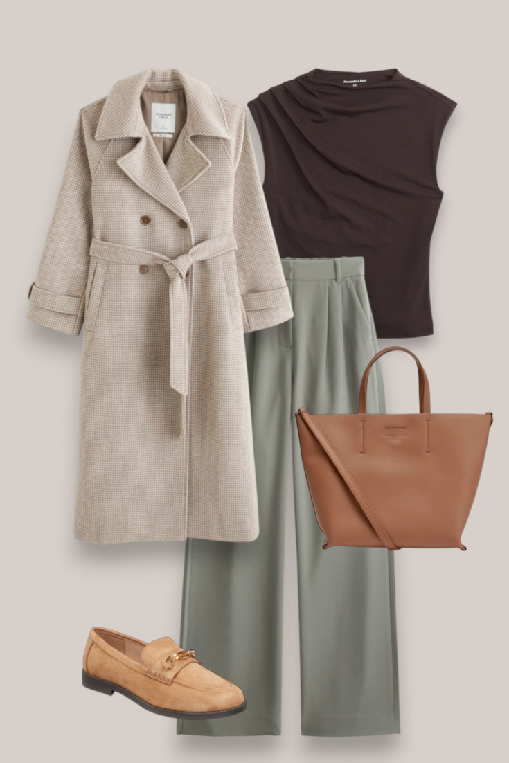 An elevated casual winter outfit with wide leg trousers, a chocolate brown top, neutral coat and suede loafers. An easy option when you want to look polished but still feel comfortable. #winteroutfits #smartcasual #widelegtrousers #loafersoutfit 

 #LTKautumn #LTKworkwear #LTKstyletip