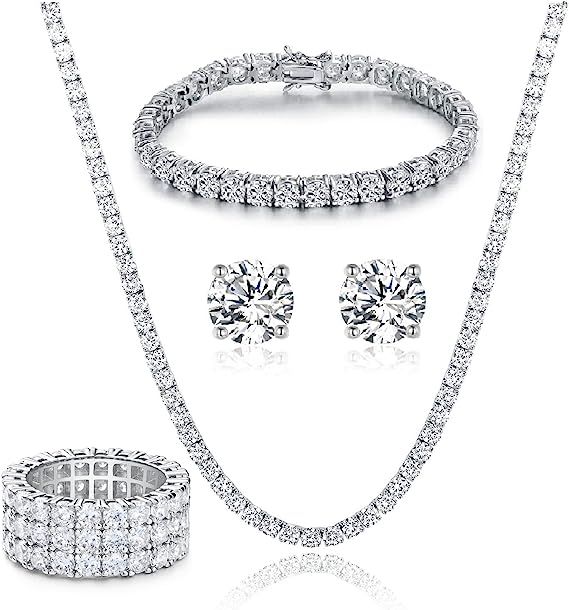 18K White Gold Plated Tennis Necklace/Bracelet/Earrings/3 Row Ring Sets Pack of 4 | Amazon (US)