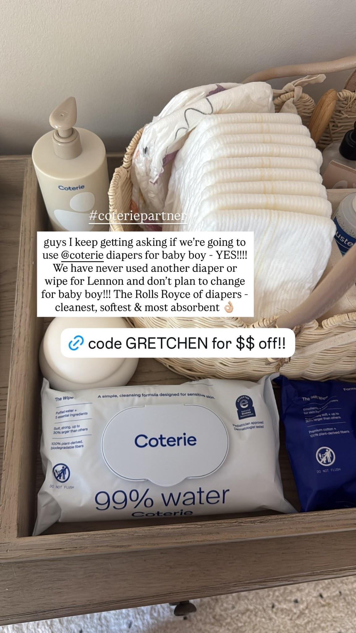 #coteriepartner  guys I keep getting asking if we’re going to use @coterie diapers for baby boy - YES!!!! We have never used another diaper or wipe for Lennon and don’t plan to change for baby boy!!! The Rolls Royce of diapers - cleanest, softest & most absorbent 👌🏼