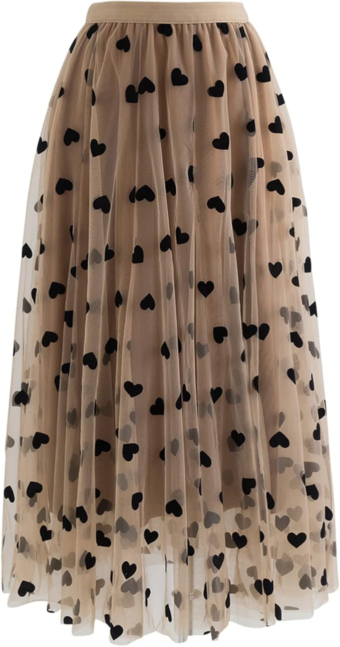 CHICWISH Women's Caramel/Dusty Blue/White/Black 3D Posy Double-Layered Mesh Midi Skirt | Amazon (US)