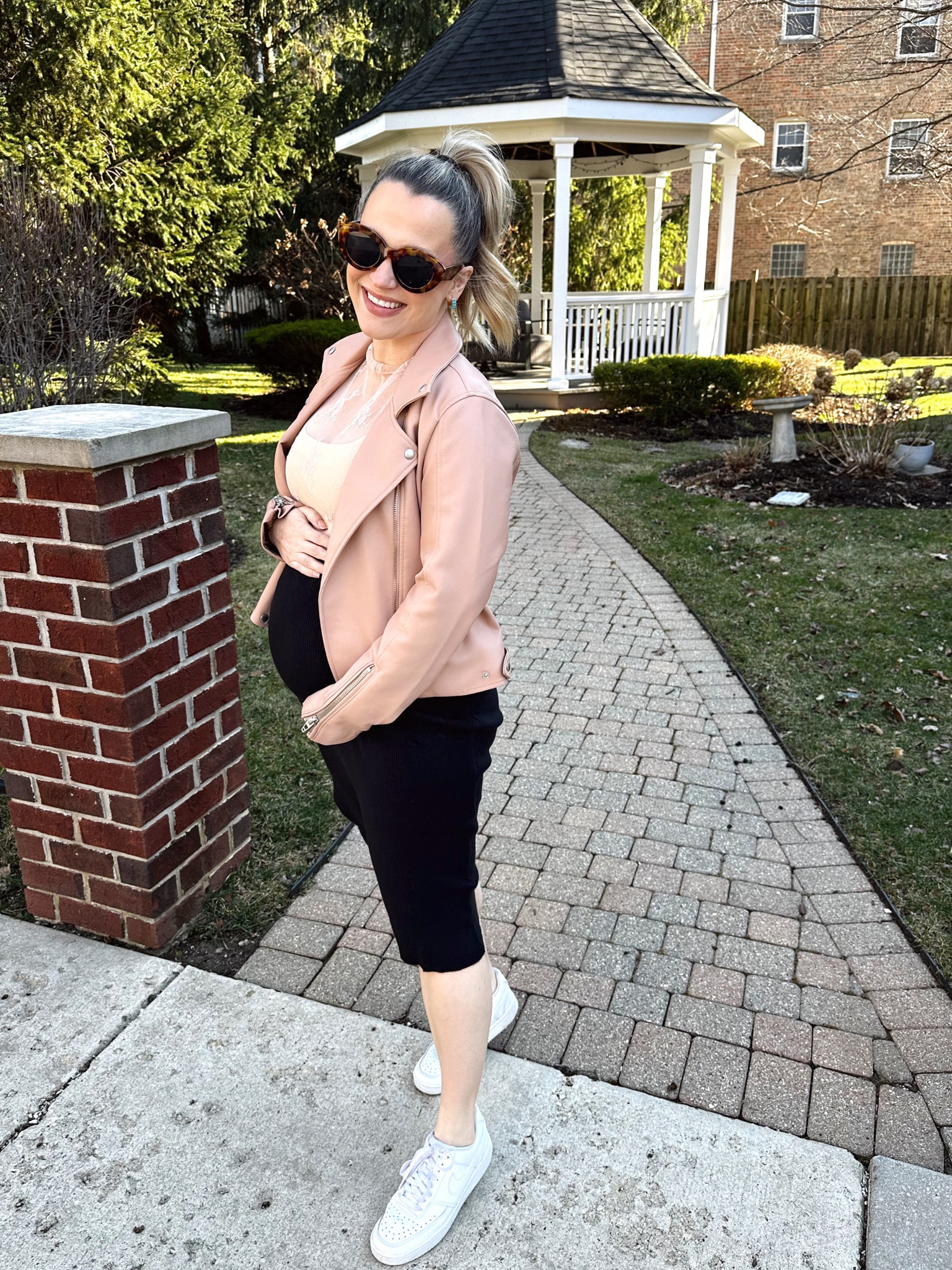 Bump friendly outfit for spring / wearing a medium in everything. Skirt is not maternity but super stretchy and fits perfect over the bump. Linked this faux leather jacket and some other leather jacket options for spring, top is free people inspired  #maternity #springoutfits #pregnancyoutfits 

#LTKbump #LTKstyletip #LTKshoecrush